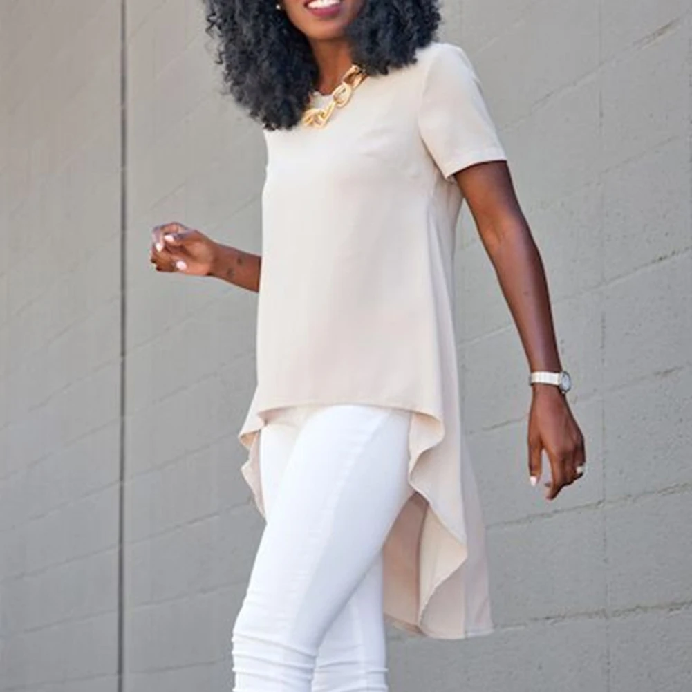 Повседневная Женская однотонная шифоновая одежда с коротким рукавом и круглым