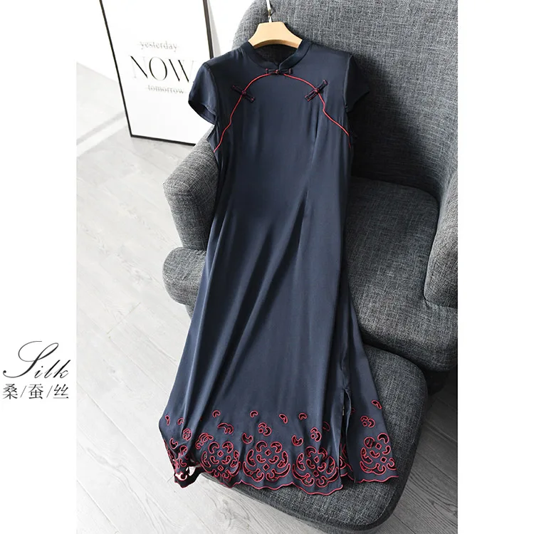 Женское летнее 92% натуральное шелковое платье с винтажным принтом натуральное шелковое платье es элегантное платье повседневное праздничное длинное шелковое платье-рубашка - Цвет: navy blue