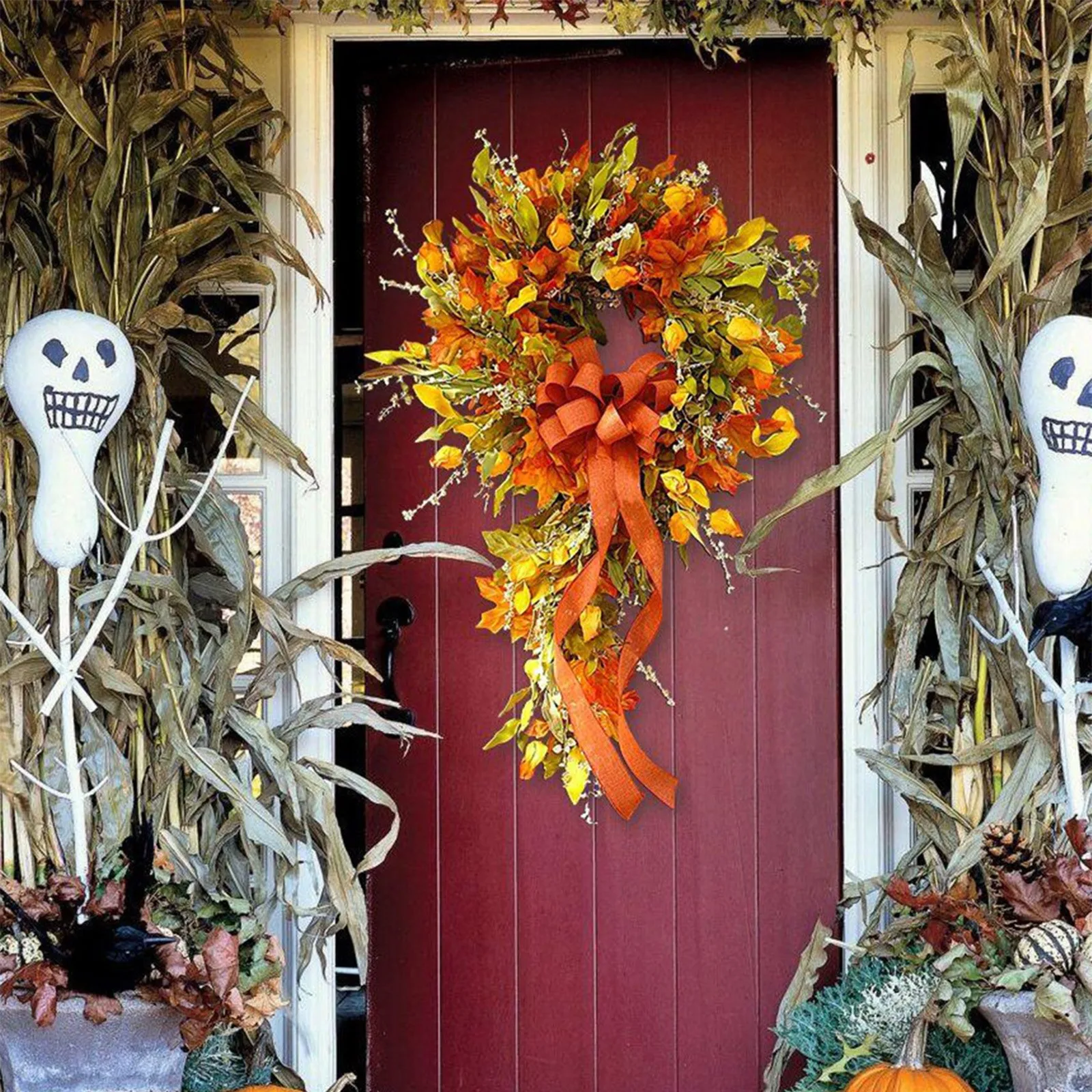 Autumn Coloured Rattan Wreath Wall Home Decoration Harvest-festival Hanging Simulation Maple Leaf For Door | Дом и сад