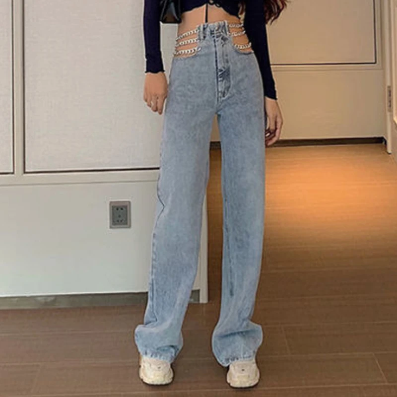 Women High Waist Korean Loose Casual Wide Leg Denim Pants 2023 Sexy Chain Fashion Trouser Boyfriend Jeans Female Streetwear Pant