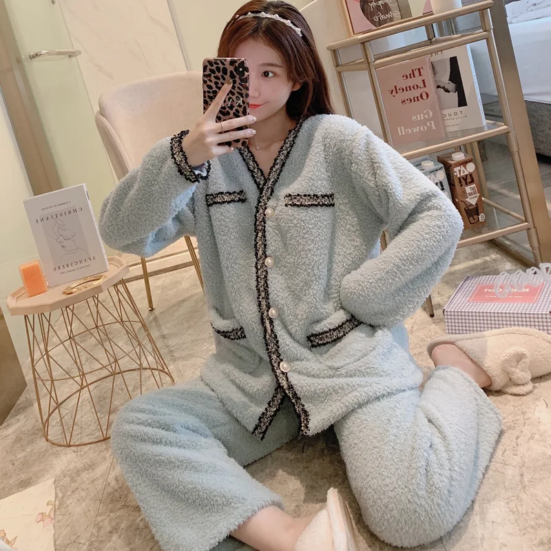 

Rice Fleece Pink Cardigan Winter Pajamas Women's Thickened Warm Chest Casual Loose Coral Velvet Can be Worn at Home Lovely Girl