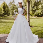 Атласное Бальное Платье с коротким рукавом, свадебное платье, кружевное блестящее платье с карманами