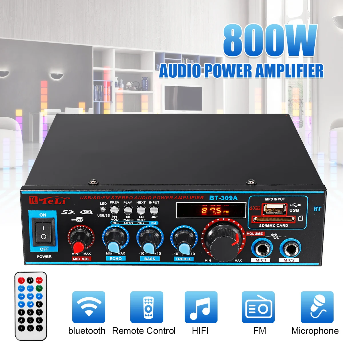 800 Вт 600 Вт автомобильный усилитель Hi-Fi 2 CH аудио Мощность усилитель 12/220V дома Театр усилитель аудио Поддержка цифровой FM радио USB SD/пульт дистанционного управления Управление