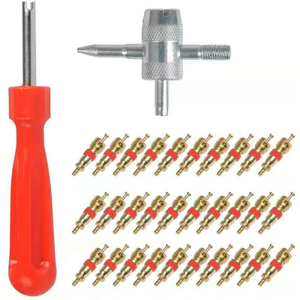 

30pcs Brass Valve Cores Valve Core Remover Multi-function 4 Way Tool for Car Bike Bicycle Motorcycle Tire Valve Repair Accessory