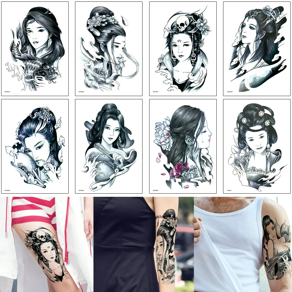 Красивая женщина тату синий эскиз девушки классические Белль наклейка