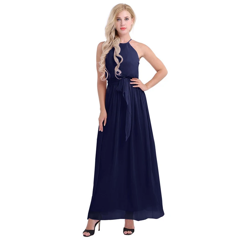 Женское вечернее платье, шифоновое длинное платье без рукавов с лямкой на шее, длинное платье, вечерние платья для женщин от AliExpress WW
