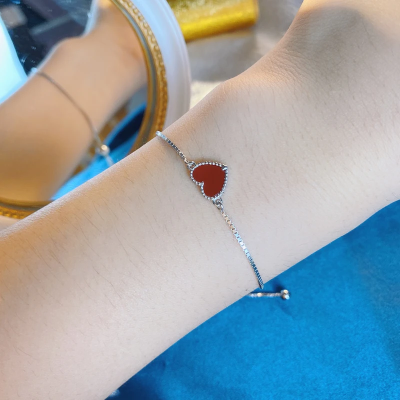 

Knobspin 100% 925 Sterling Silver Red Heart Wedding Engagement Bracelets For Women High Carbon Diamond Fine Jewelry Wholesale
