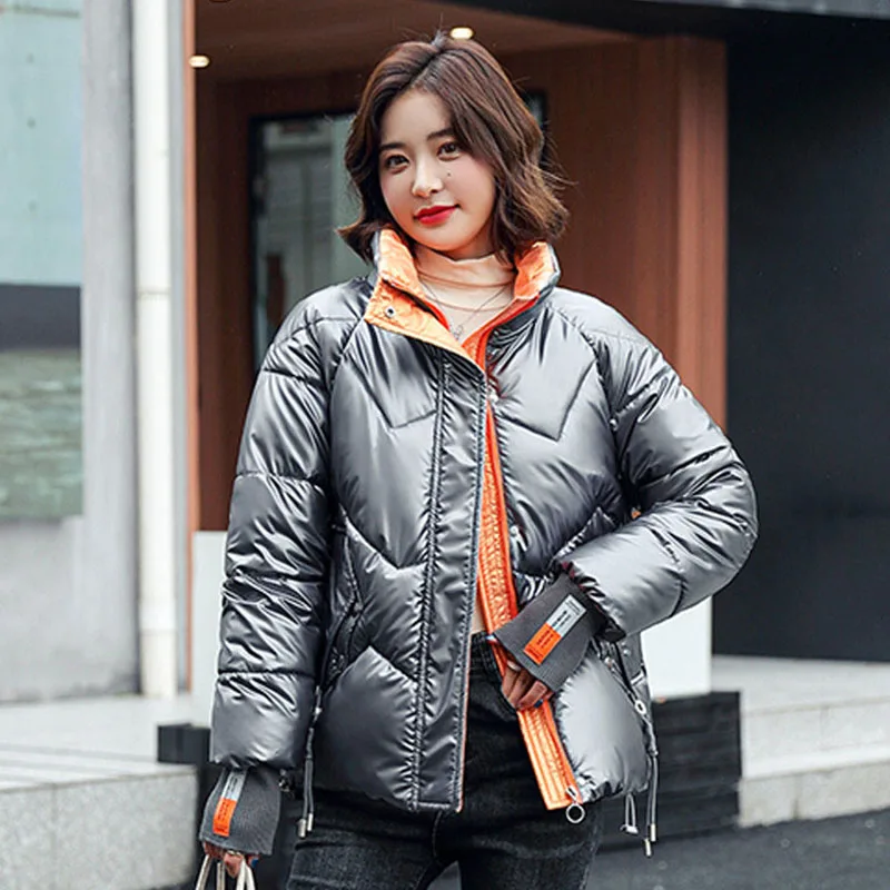 Women Parkas 2021New Winter Fashion Womens Cotton Jackets Loose Warm Stand Collar Glossy Letter Women Down Cotton Coat NBH189