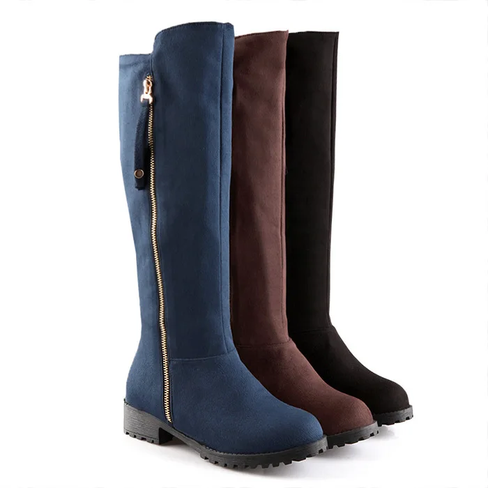 Женские сапоги выше колена замшевые до бедра на низком каблуке теплая зимняя