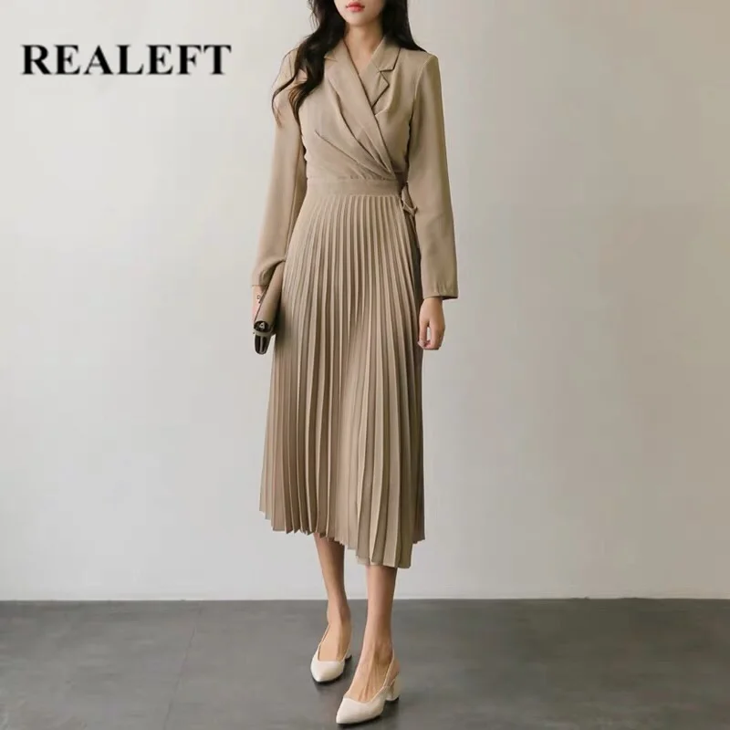 REALEFT осень зима элегантные плиссированные длинные платья высокая талия Новое