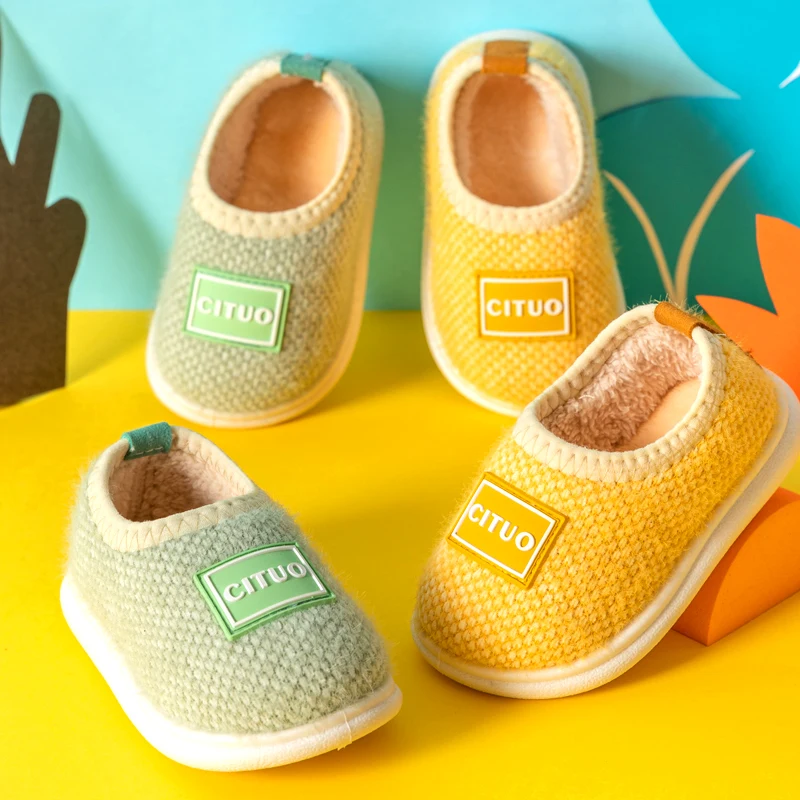 

Winter Children Knit Furry Slippers Kids Soft Plush Warm Home Floor Shoes Boys Girl Rubber Soles Non-slip Indoor Cotton Slippers