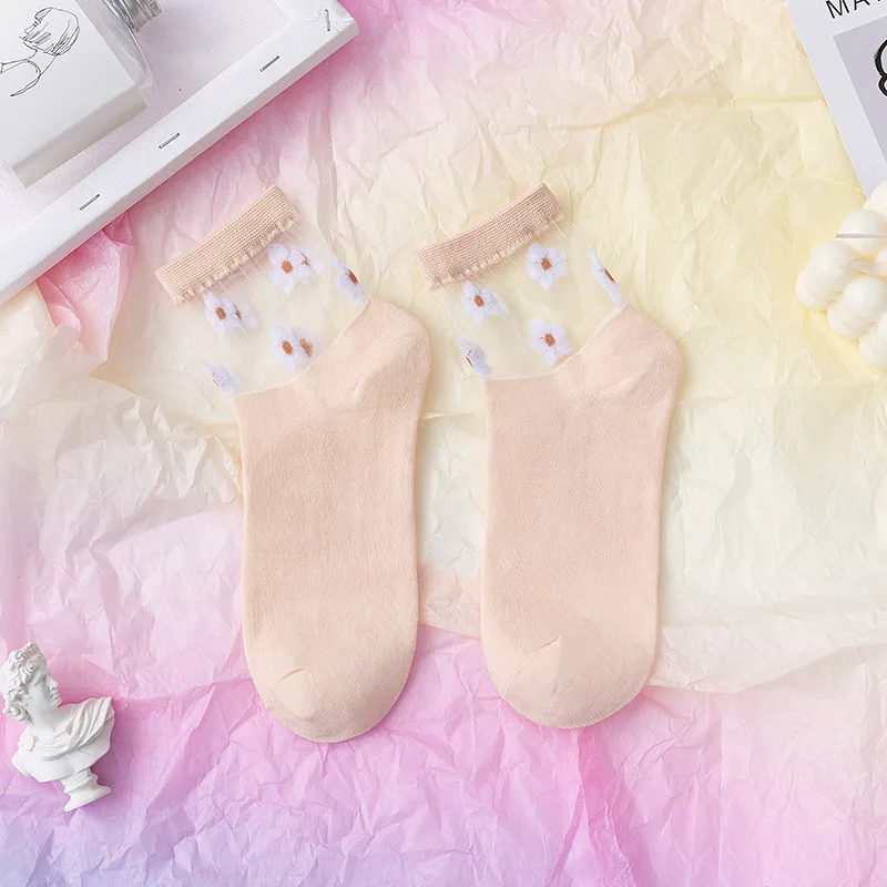 

Spring Summer Glass Fiber Women's Socks with Flower Japanese Korean Kawaii Woman Socks Pink and Funny 50903