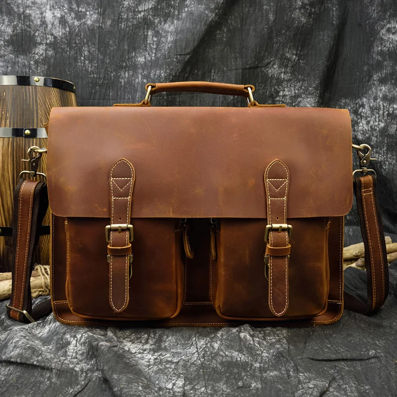 Luufan Designer Men briefcase Crazy horse Leather Shoulder Bags Crossbody Bags Business office Handbags Men's Travel Laptop Bag