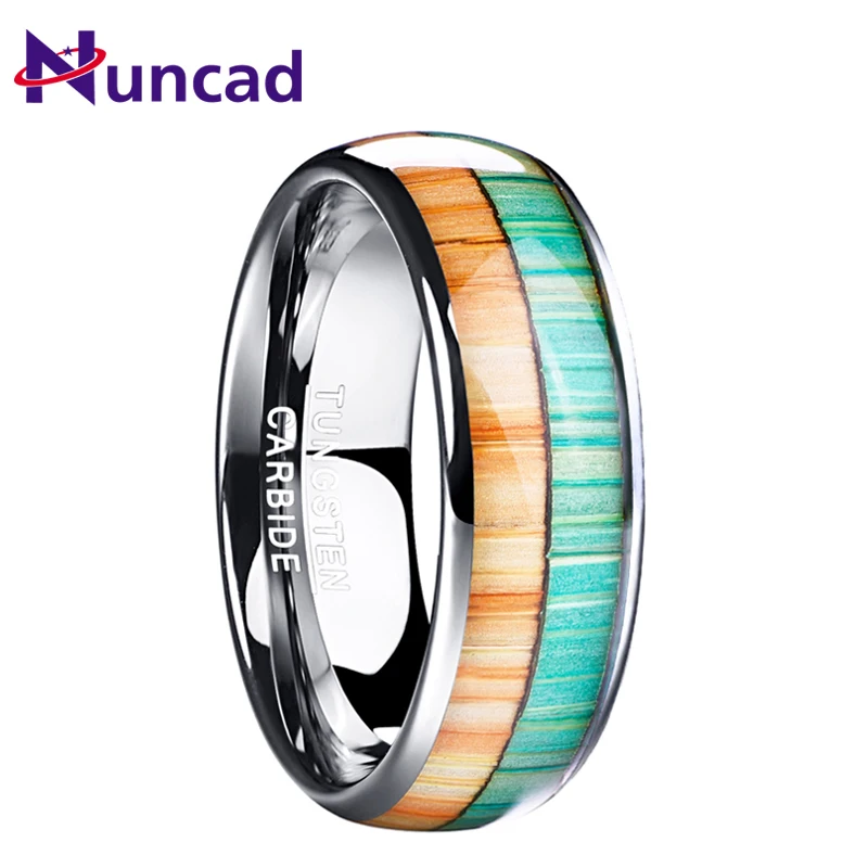 

NUNCAD 8MM Width Polished Wood Grain Dome Tungsten Carbide Men Ring Inlaid Double Color Orange Green Trend Gift Ring For Male