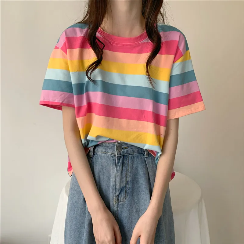 

New Summer T Shirt Women O Neck Loose Thin Short Sleeve Tee T-Shirt Femme Patchwork Striped Casual Korean Fashion Tops Female