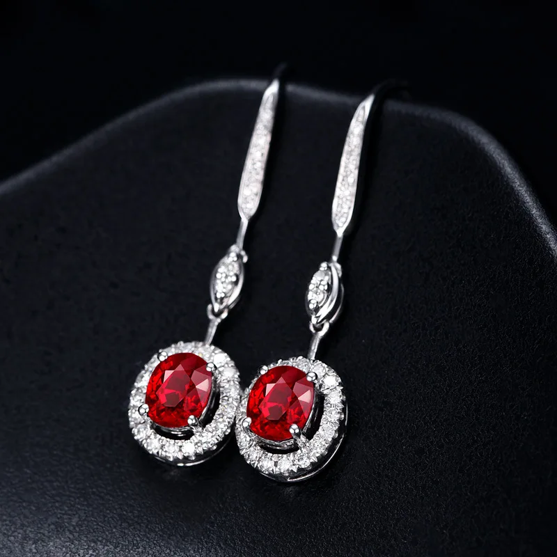 Женские серьги из серебра 925 пробы простые геометрические с овальным рубиновый