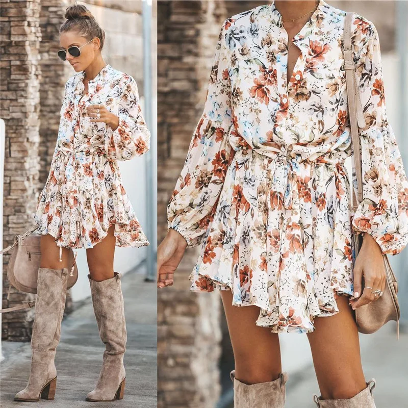 

Autumn sexy printed suit collar dresses lace button women's s long sleeve Pleated dress Casual ropa mujer wn*