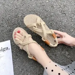 

women's Sandals 2021 Summer Flat Linen Rope Platform women sandals Casual twine cross-woven Open Toe Slip-on shoes