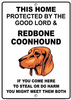 

Redbone Coonhound Dog Home Protected by Good Lord and Novelty 12 X 16 Inches/30x40cm Metal Tin Sign