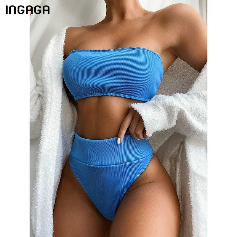 Бикини INGAGA с высокой талией купальники бандо женский купальник черное бикини без