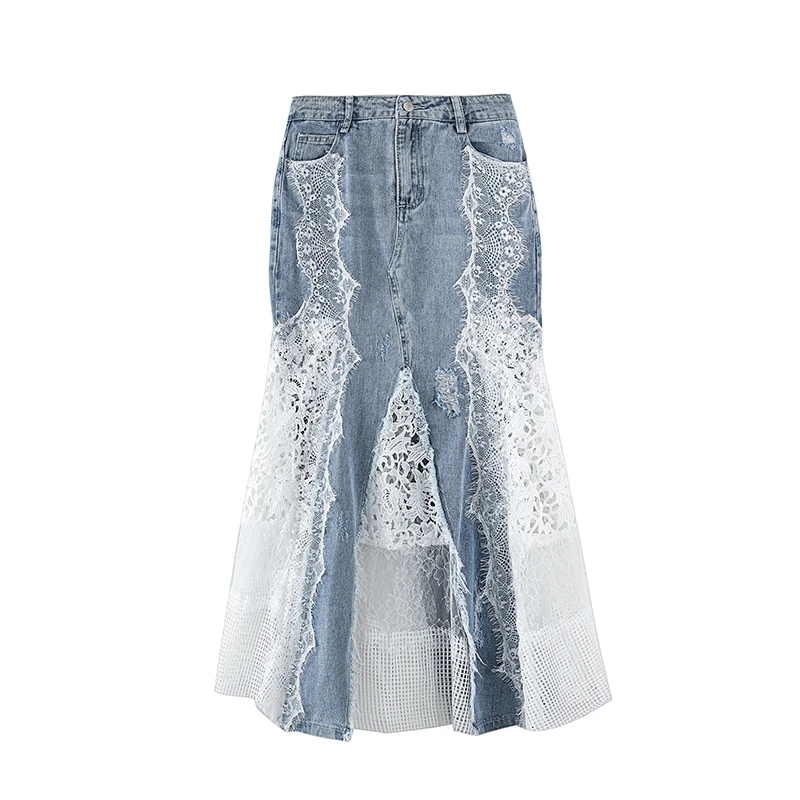 

Korean Style 2021 Summer New Denim Skirt Women Lace Stitching Design Fishtail Skirt Female Pocket High Waist Long Jean Skirt