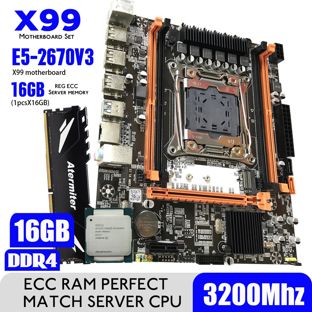Комплект материнской платы Atermiter X99 D4 DDR4 с процессором Xeon E5 2670 V3 LGA2011-3 1 шт. X 16 ГБ = 16 Гб 3200 МГц DDR4 PC4 память REG ECC RAM