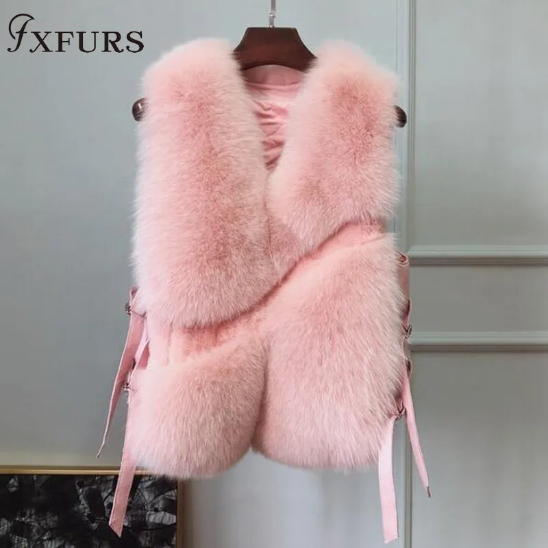 FXFURS женский жилет из натурального Лисьего меха, женский зимний Осенний жилет из натурального Лисьего меха, пальто, Модный женский жилет из натурального меха, женский жилет - Цвет: pink