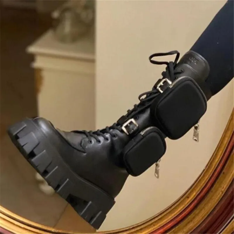 

Fashion luxury brand winter boots thick thick-soled mid-tube boots genuine women's boots shoes zipper pocket bag motorcycle ride