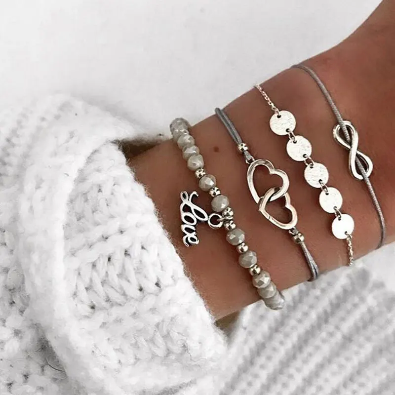 

2021 Fashion 4 Piece Set Bracelet for Women Sequin Weave Double Heart Pendant Bracelets Chain Hand Jewelry Dropshippiing