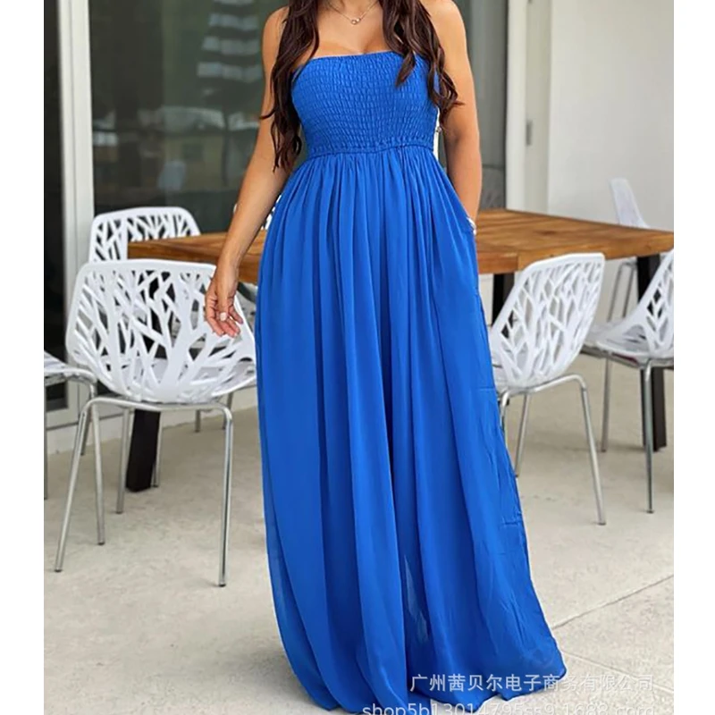 

Комбинезон Wepbel цельный женский, однотонный Синий Облегающий брючный костюм без бретелек, на лето