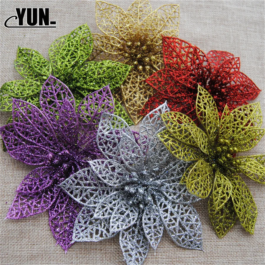 Украшения для елки блестящие искусственные цветы к Рождеству 15 см 10 шт.