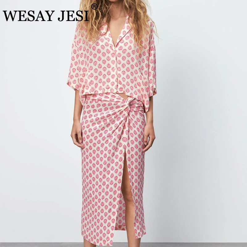 

WESAY JESI Women's Suit TRAF Summer Sexy Vintage Suits With Print Fashion Lapel Chic Top Shirt High Waisted-Skirt Women's Suit