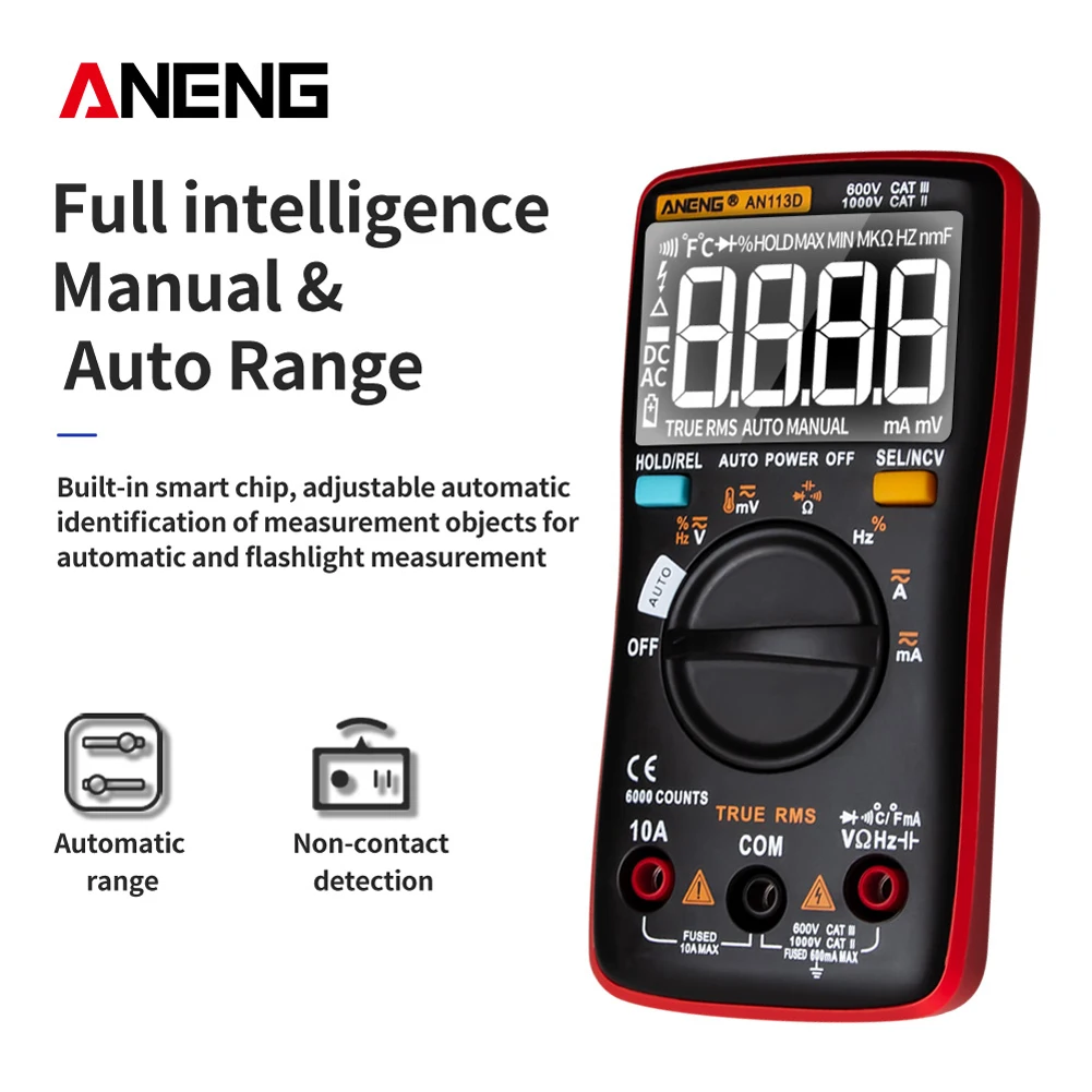 AN113D Digital Multimeter 6000 Counts Electrical Transistor Tester Temperature Auto Ranging AC/DC Voltage Meter for Electrician