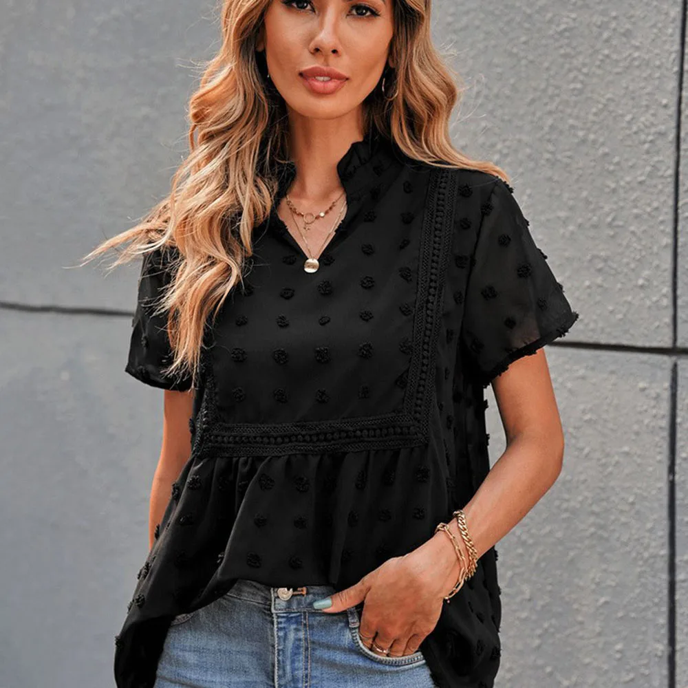 

Summer Women Chiffon Blouse Female Short Sleeve V-Neck Loose Lace Ball Jacquard Tops Blusas Mujer