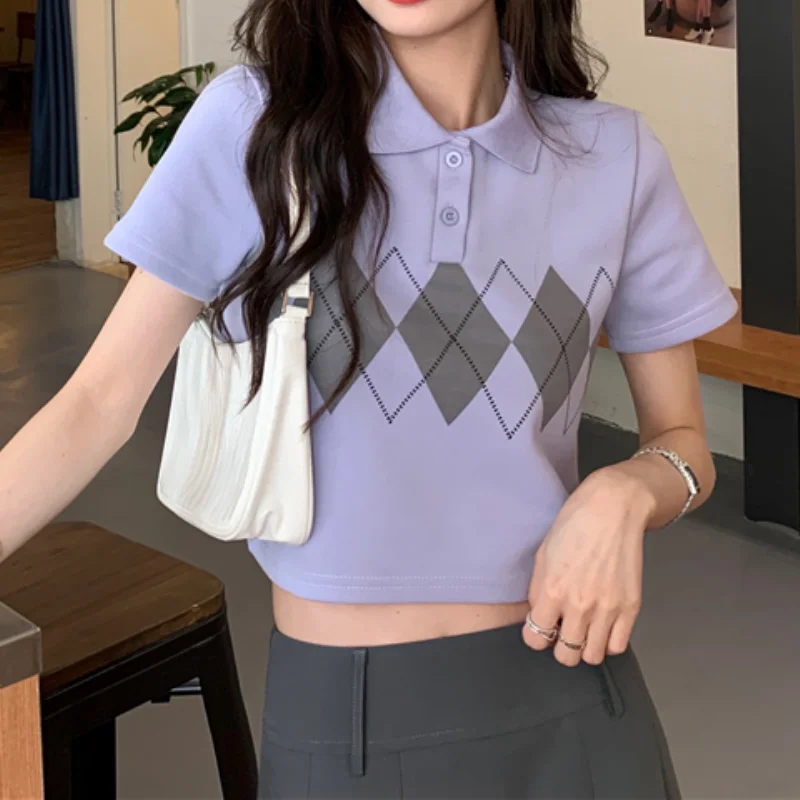 

2021 Summer Argyle t shirts Women short Sleeve Crop Top Korean Polo Collar Fashion tshirt Ladies Slim purple Pullovers Tees