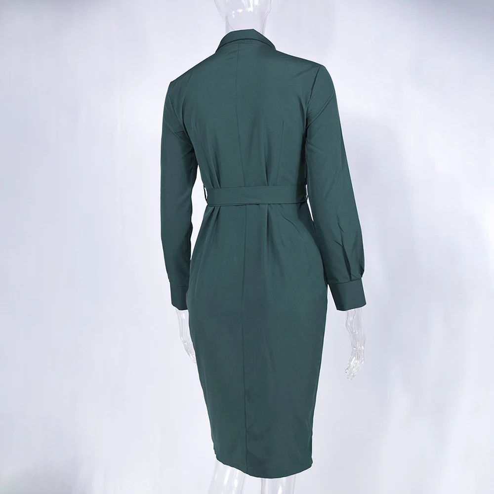 

Autumn Women's Dresses 2020 New Fashion Long-Sleeved Solid Color Lapel Single-breasted Lace-Up Belt Knee-Length Dress