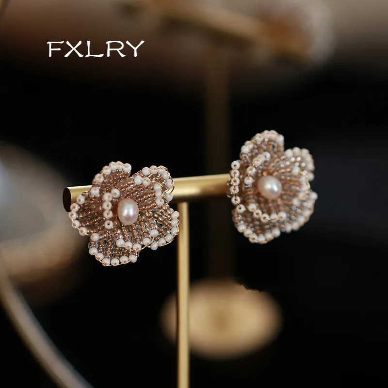 

FXLRY Original Handmade Natural Pearl Knitting Matching Flowers Stud Earrings For Women Jewelry Accessries
