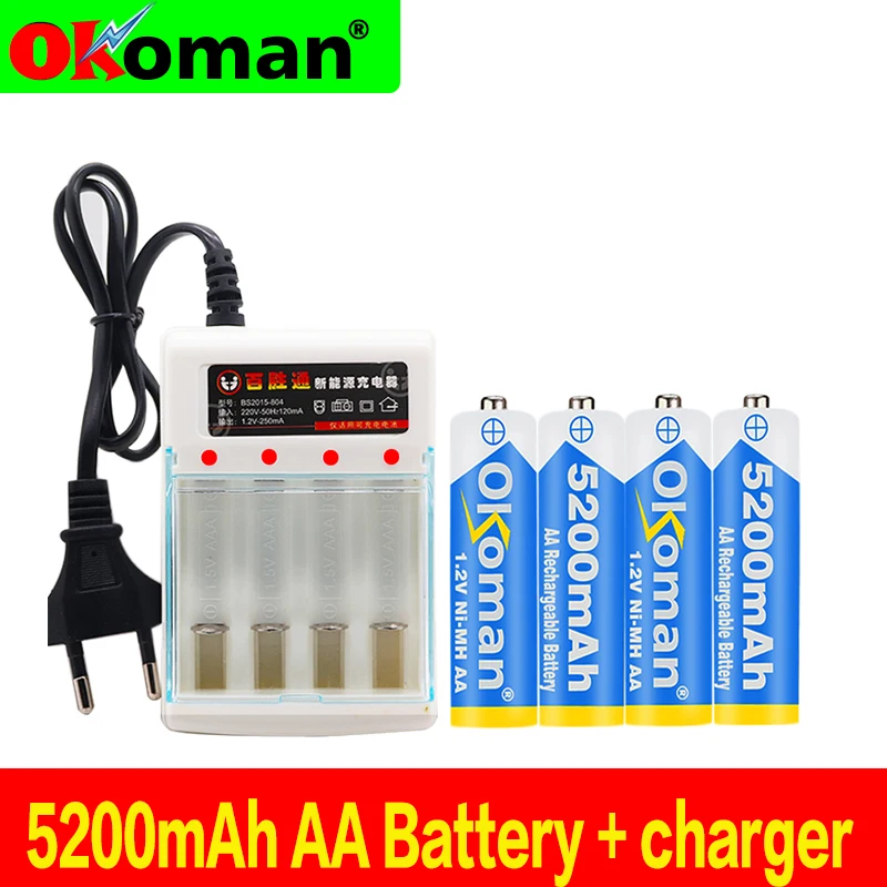 Figh качественный 1 2 V 5200mAh NI MH AA Предварительно заряженный перезаряжаемый aa