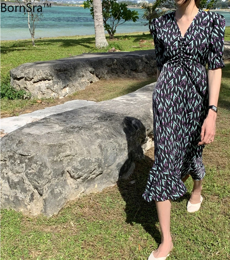 

BornSra New 2020 Summer Women Dress Casual Pleated High Waist V-Neck Floral Vintage Chiffon Trumpet Sashes Long Dress