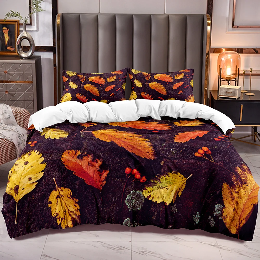 Autumn Falling Leaf 3D Pattern Duvet Cover with Botanical Theme Bedding Comforter Cover with Zipper Closure
