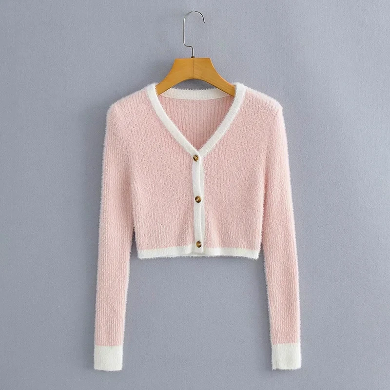 

ZA 2021 summer new women's clothing maiden style mohair V-neck knitwear Women's Spring and Autumn Sweater single-breasted navel