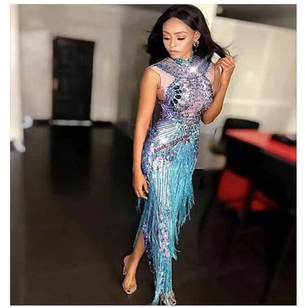 

New Women Blue Diamond Tassels Sleeveless Maxi Long Dress 2021 Evening Party Celebrate Female Singer Stage Performance Costume