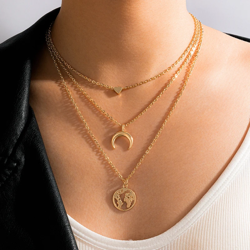 

docona Bohemian Moon Map Pandent Neckalce for Women Multi-layer Heart Geometry Metal Choker Jewelry Collar Wholesale 17105