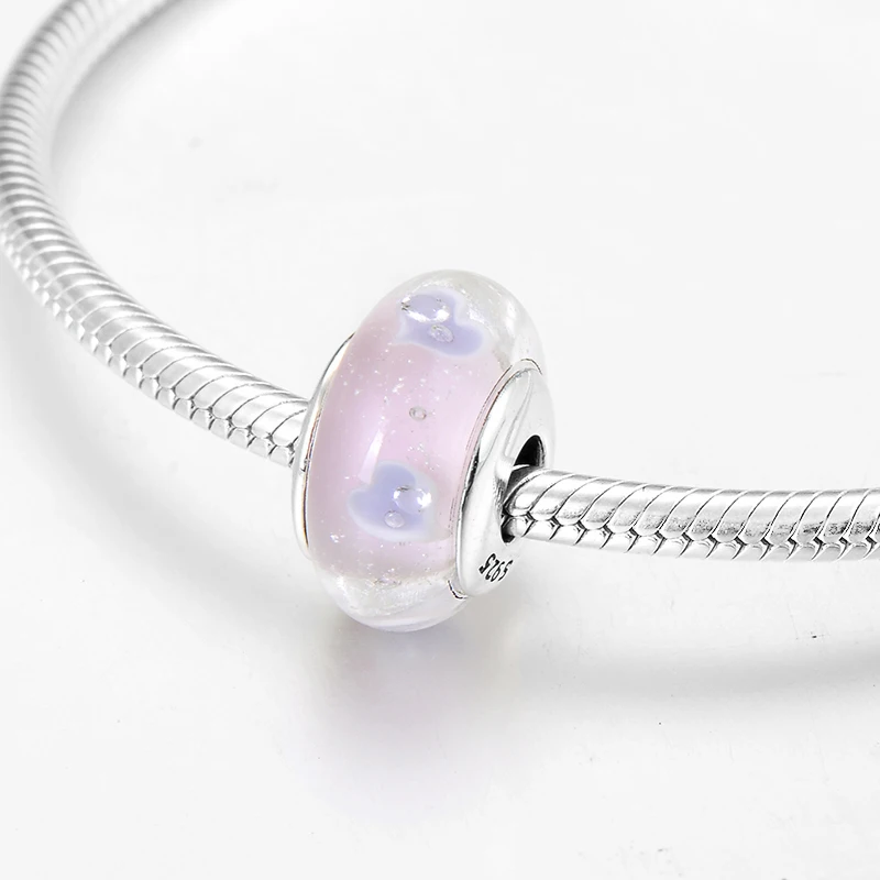 

New 100% real 925 Sterling Silver round heart clear pink Murano Glass Beads Fit Original European Charms Bracelet Jewelry making