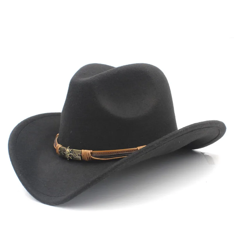 

Fashion Women's Men's Wool Hollow Western Cowboy Hat With Sun God Belt Cowgirl Jazz Toca Sombrero Godfather Cap Size 56-58CM