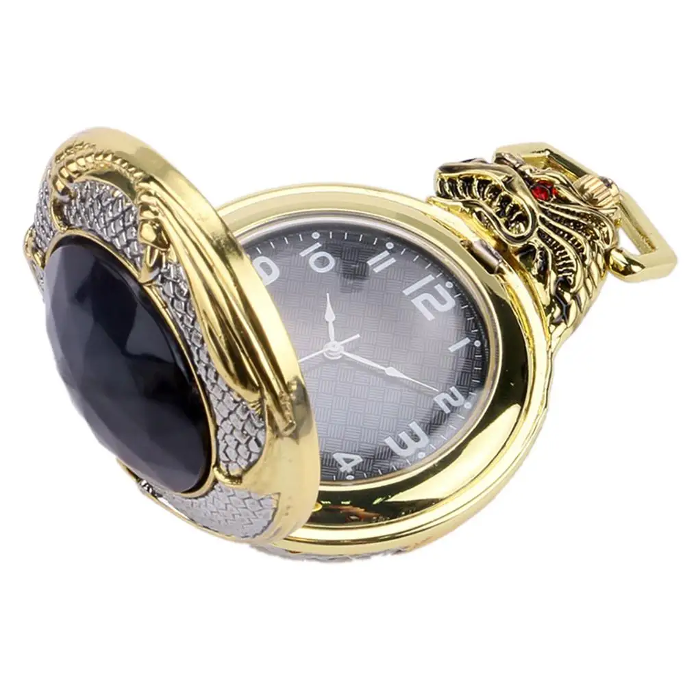 

Red Garnet Inset Gold Tone Cover Pocket Watch Luxury Evil Dragon Quartz Clock Vintage Gemstone Pendant relojes de bolsillo Gift