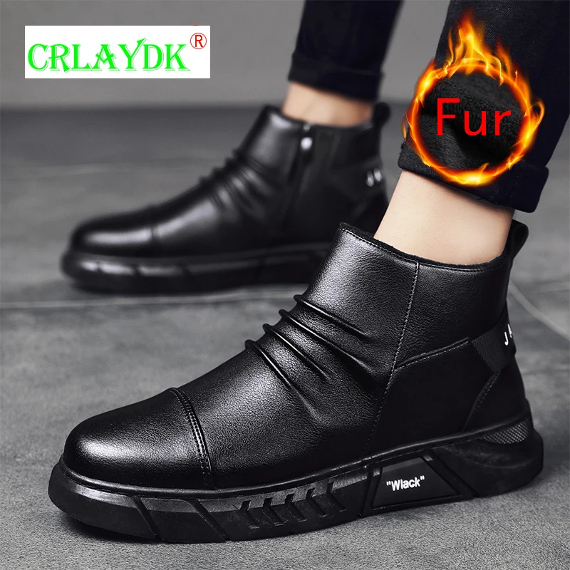 

CRLAYDK Fashion Men's Fur Lined Slip On Boots Leather Winter Warm Dress Shoes Keep Warm Casual Side Zipper Waterproof Booties