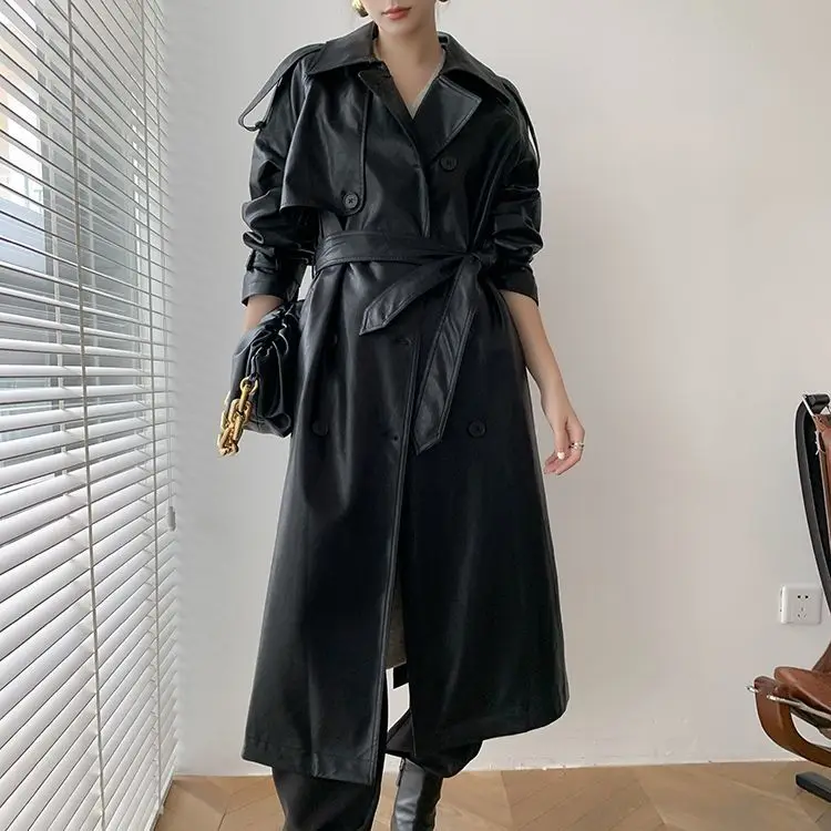 

Autumn Long Oversized Black Faux Leather Trench Coat for Women Raglan Long Sleeve Double Breasted Brown Korean Fashion