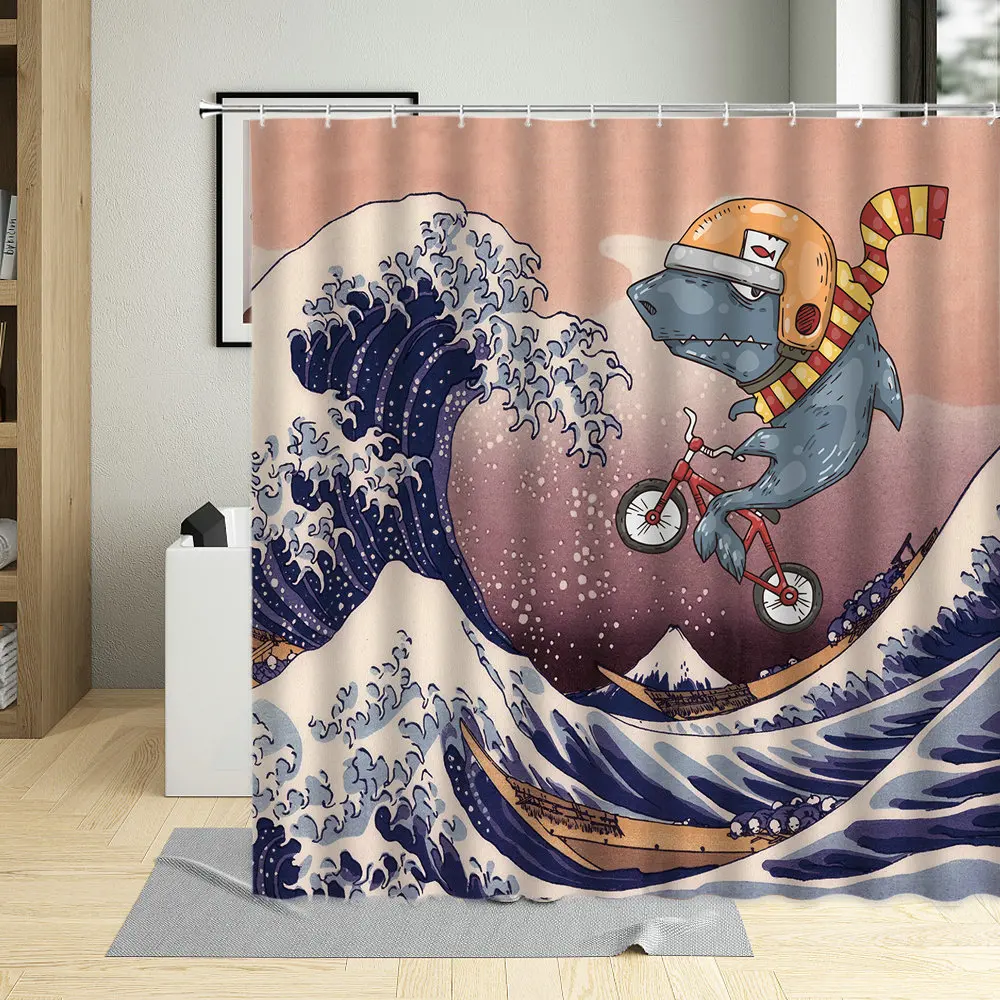 

Sea Waves Ocean Fuji Mountain Shower Curtain Cartoon Pattern Style Waterproof Bathroom Decor With Hooks Washable Fabric
