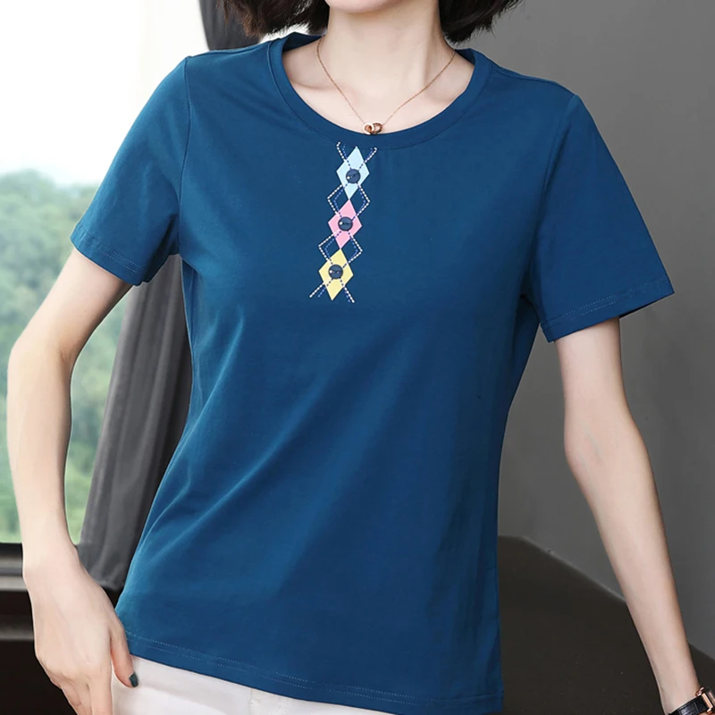 shintimes Geometric Print T Shirt Women Button T-Shirt Summer Tops Soft Cotton Tshirts Female Plus Size Clothes Tee Shirt Femme